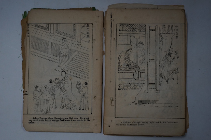 Sheng U Siang Chai or Chinese Historical Illustrations. Republished in reduced form ... title, preface (4) pp. and 276pp. of illustrated text (but some leaves printed rectos only); original pictorial watered silk green w